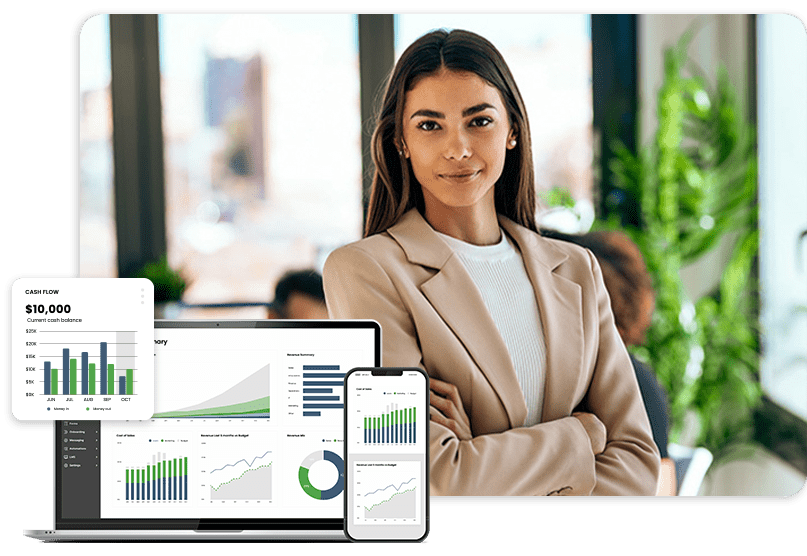 A confident woman in business attire stands in an office. In the foreground, a laptop, tablet, and smartphone display various financial graphs and charts.