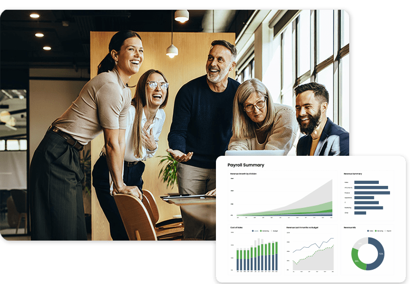 A diverse group of five people laughing and leaning over a table in an office setting, accompanied by a chart displaying payroll summary data with graphs.